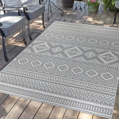 carpet city Outdoor Teppich Terrasse Wetterfest - 160x230 cm - Balkonteppich Anthrazit - Ethno Look