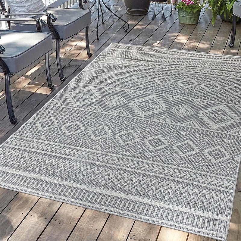 carpet city Outdoor Teppich Terrasse Wetterfest - 160x230 cm - Balkonteppich Anthrazit - Ethno Look