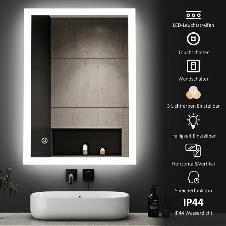 Boromal LED Badspiegel 40x60cm Badezimmerspiegel mit Beleuchtung 3 Lichtfarbe Dimmbar 3000-6500K kal