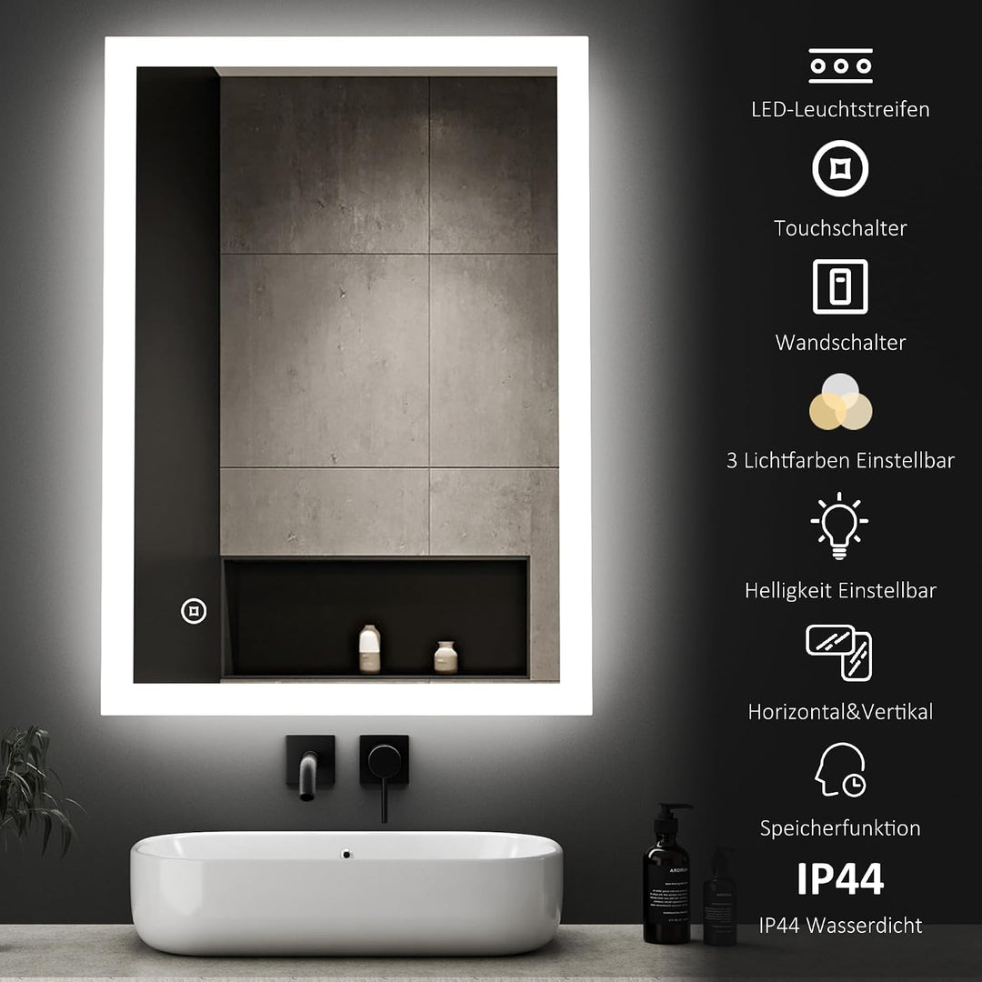 Boromal Badspiegel Dimmbar 40x60cm LED Badspiegel mit Beleuchtung Wandspiegel Lichtspiegel 3 Lichtfa