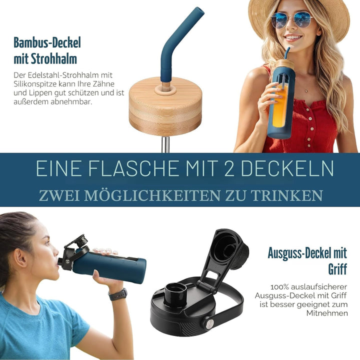 BLUEGO Trinkflasche Glas 700ml Sport Wasserflasche mit 2 Deckeln und Strohhalm Auslaufsichere Glasfl
