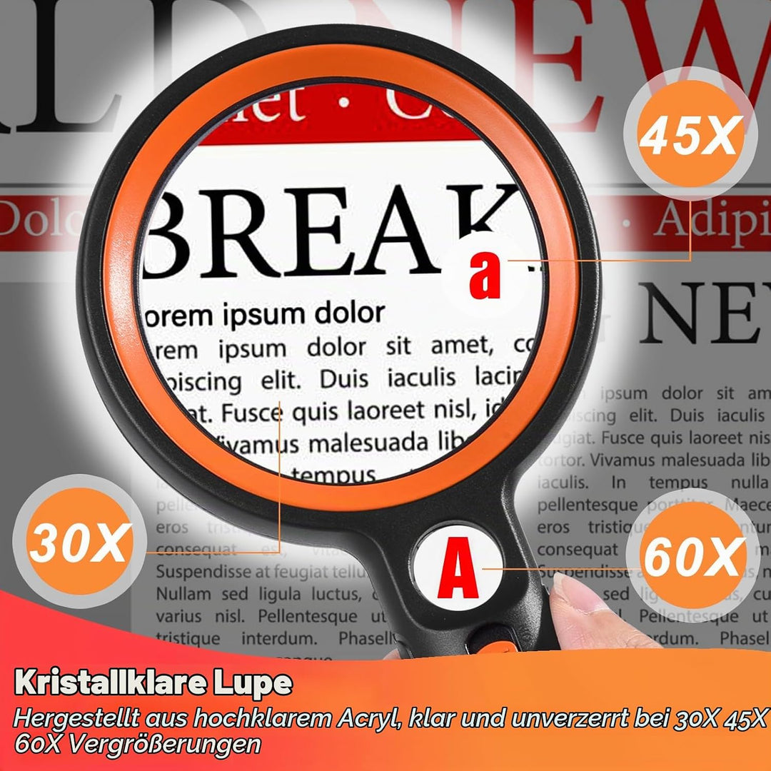 Lupe mit Licht mit 30 LED, 30X 45X 60X Leselupe mit Licht Gross, 30 Fach Vergrösserung Handlupe mit
