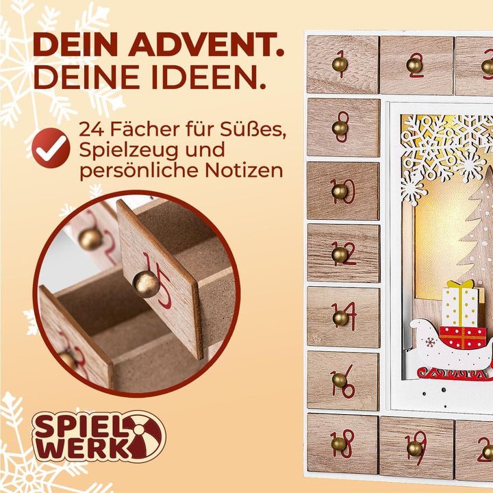 Spielwerk® Adventskalender zum selbst Befüllen Nachhaltig LED warmweiss 24 Türchen Weihnachtskalende