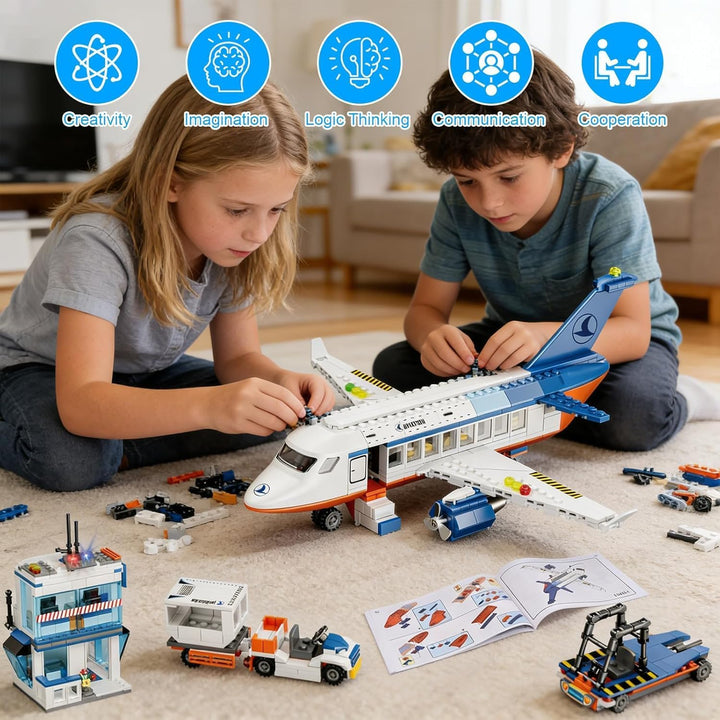 GuKKK City Passagierflugzeug Baukasten Set, 3 IN 1 Flugzeug Baukasten 744 PCS mit Terminal, Anhänger