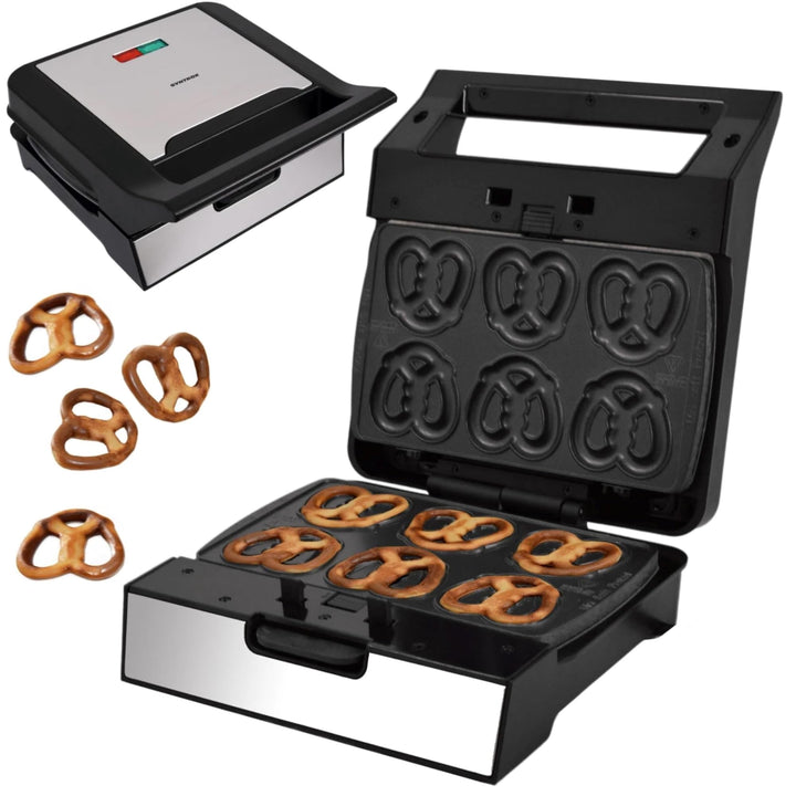 Syntrox Mini Brezel Maker mit Wechselplatten, Edelstahl, schnelles Aufheizen, Antihaftbeschichtet, v