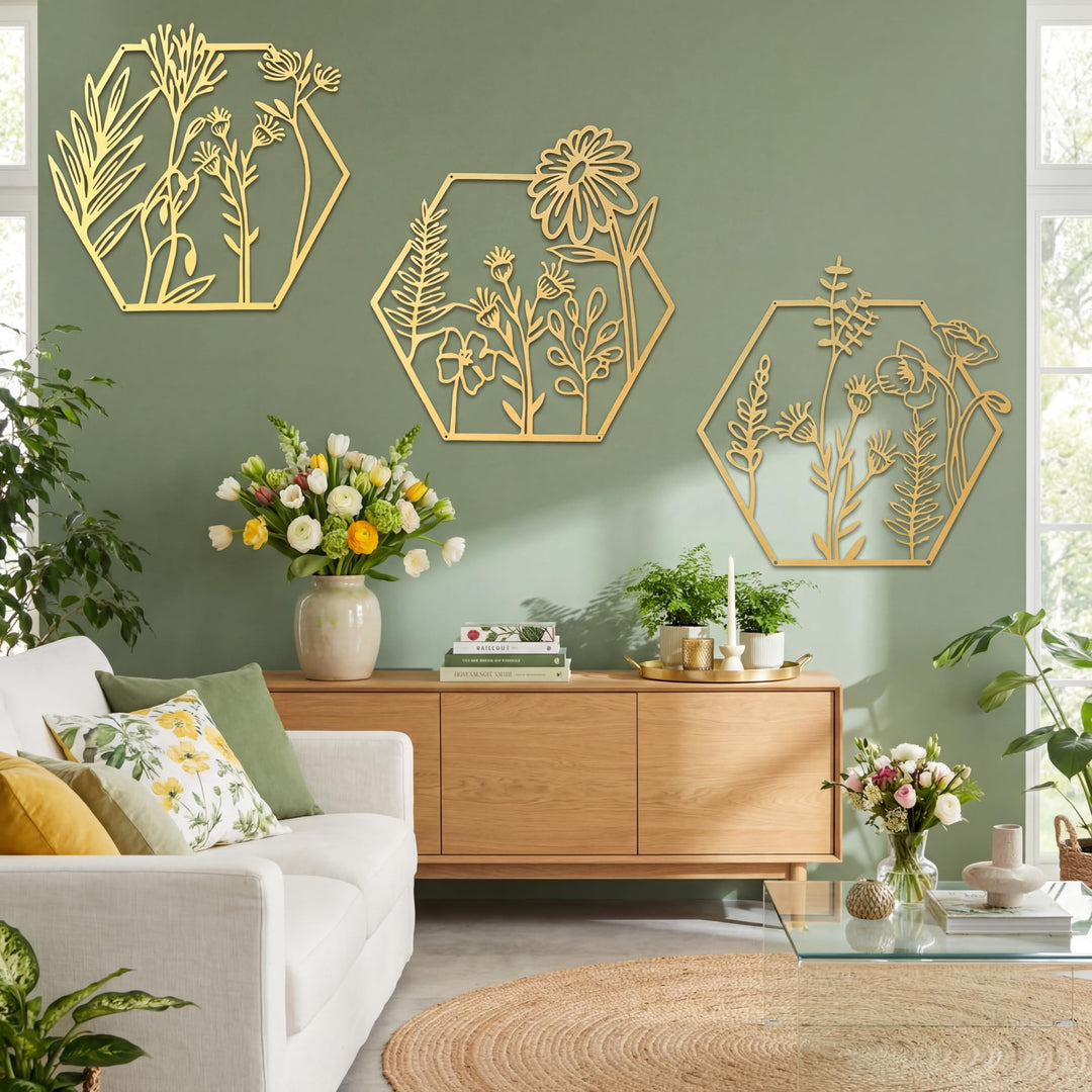3 Stück goldene Metallblumen-Wanddekoration, minimalistisch, florales Wandbehang, Dekoration, Metall