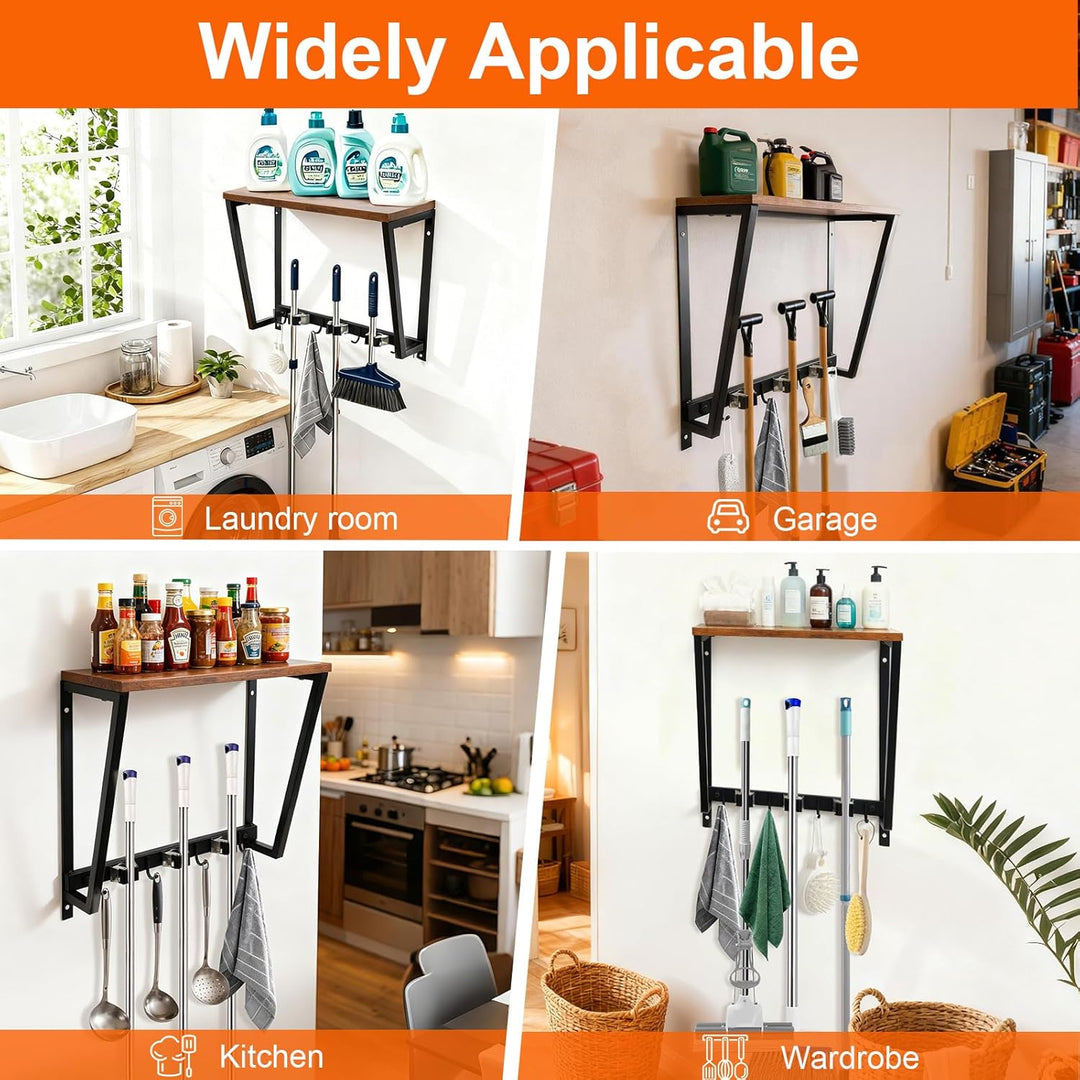 CASDUCT Besenhalterung Wand, 4 Haken + 3 Clips, Schwarz, Schwerlast Gerätehalter mit Einem Ablagefac