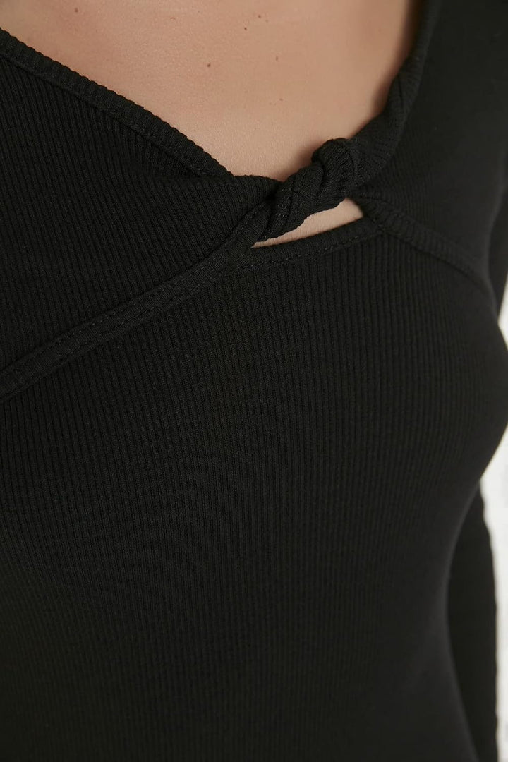 TRENDYOL Damen Woman Midi Bodycon Polo Neck Knitwear Plus Size Dress Kleid, Schwarz