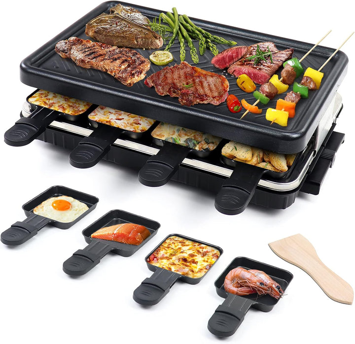Raclette 8 Personen - Raclette Grill Antihaft Beschichtung Grillpfanne mit 8 Mini Raclette Pfännchen