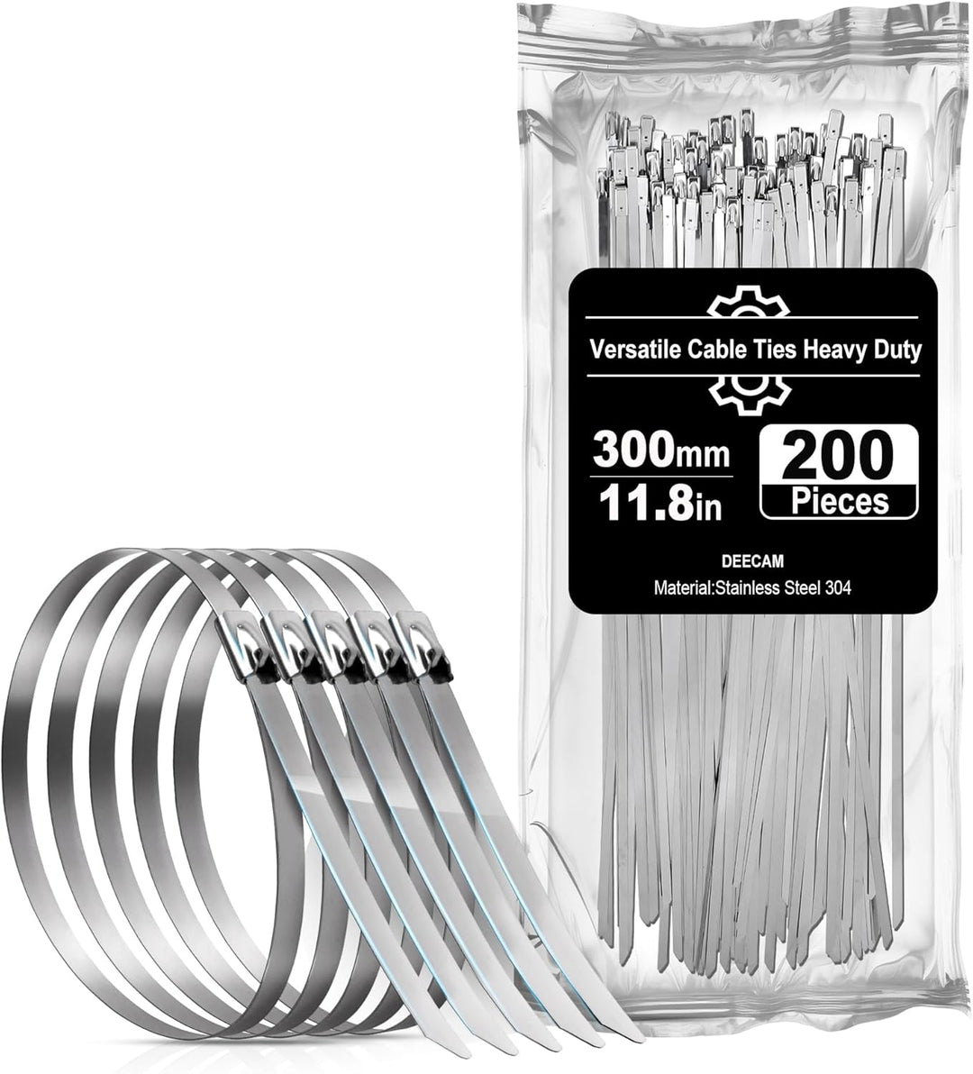 Deecam 200 Stück Edelstahl-Kabelbinder 300x4,6mm | Extra Stark & Hitzebeständig – für Auspuff, Zaun