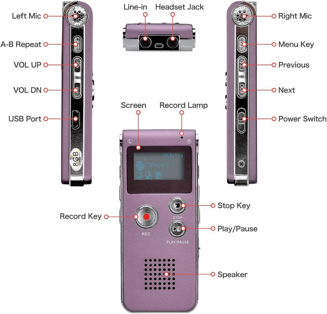 Lychee 8GB LCD Bildschirm Digitales Diktiergerät Aufnahmegerät Sprachaufnahme Audiorekorder Voice Re