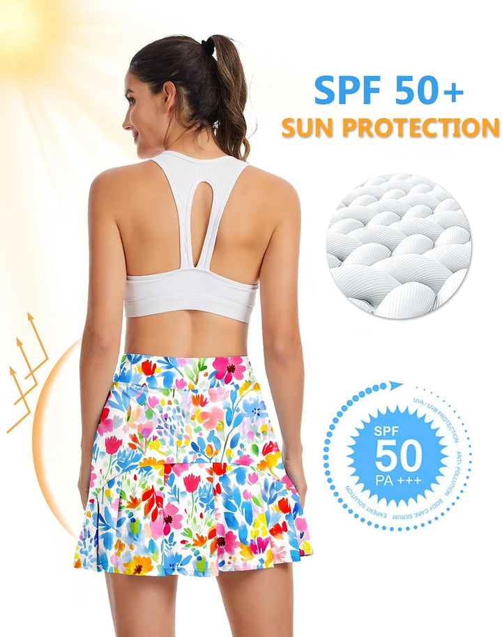 Soneven Hosenrock Damen Knielang Tennis Rock mit Hose Drunter Mädchen Pleated Wanderrock Sommer Spo