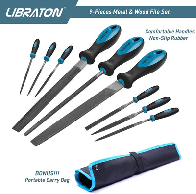 LIBRATON Feilen Set, Werkstattfeile Satz 9 tlg. Feilenset Metall Set Feilensatz inkl. Flachfeile Hal