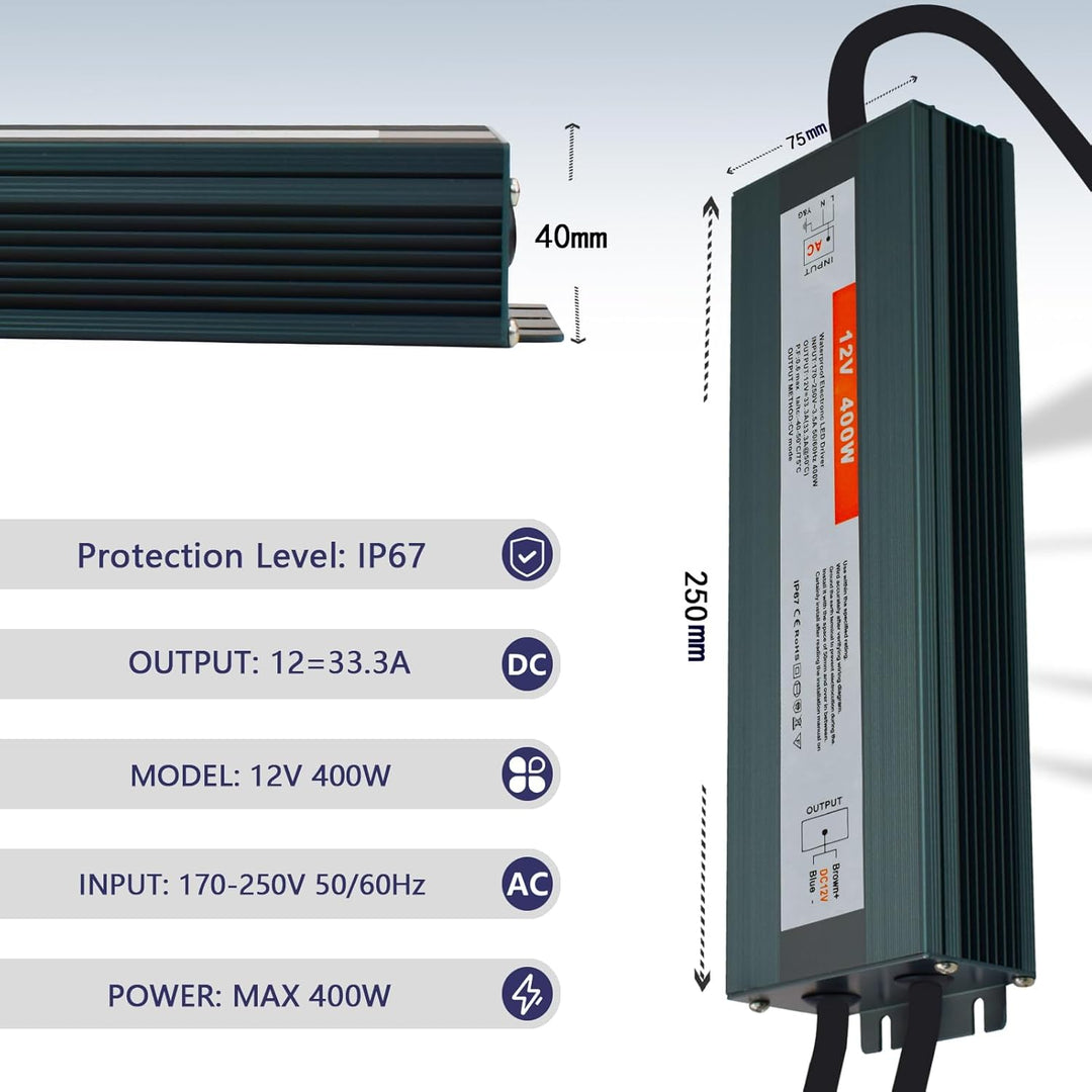 LED Trafo 12V 400W DC Netzteil Outdoor IP67 Wasserdicht Transformateur für LED Streifen, 12V 400W