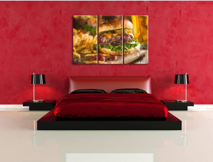Pixxprint Saftiger Chili Cheese Burger Pinsel Effekt 3-Teiler Leinwandbild 120x80 Bild auf Leinwand