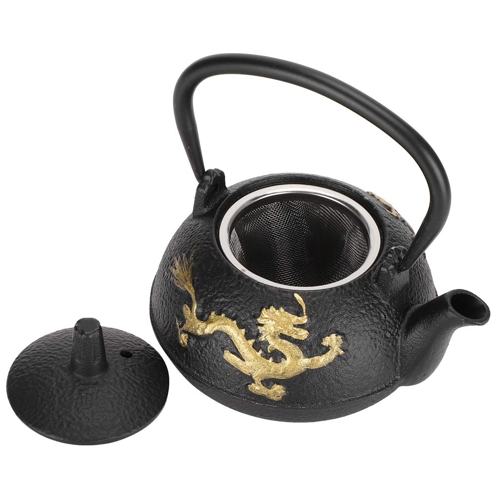300ml Retro Gusseisen Teekessel mit Edelstahl Teesieb, Gold Drache Muster Asiatischer Stil Teekanne,
