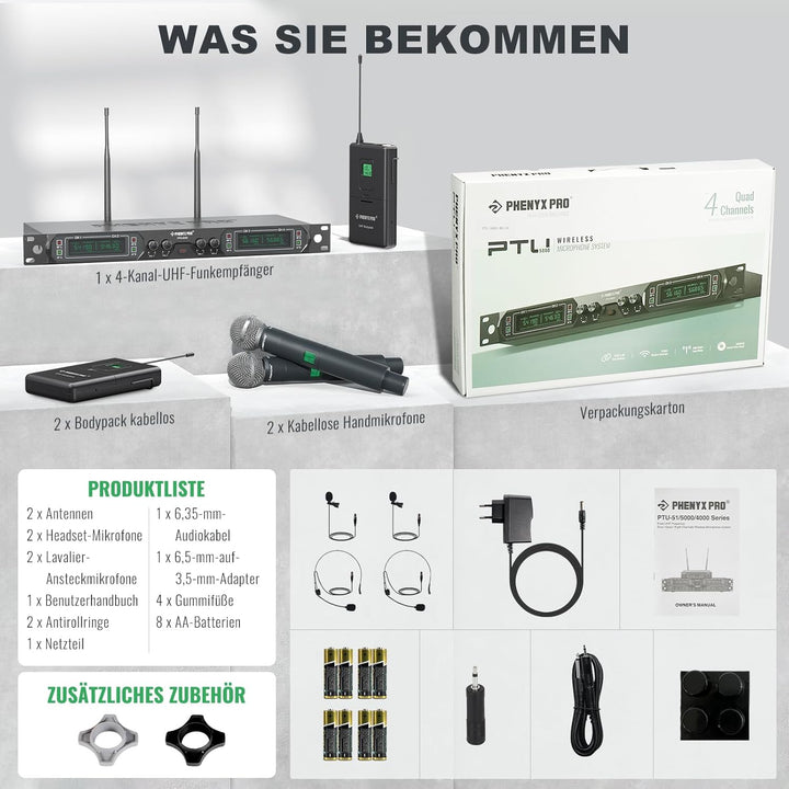 Phenyx Pro Mikrofon kabellos,4-Kanal Karaoke Mikrofon,Kabelloses Festfrequenz-Metall-Funkmikrofon mi