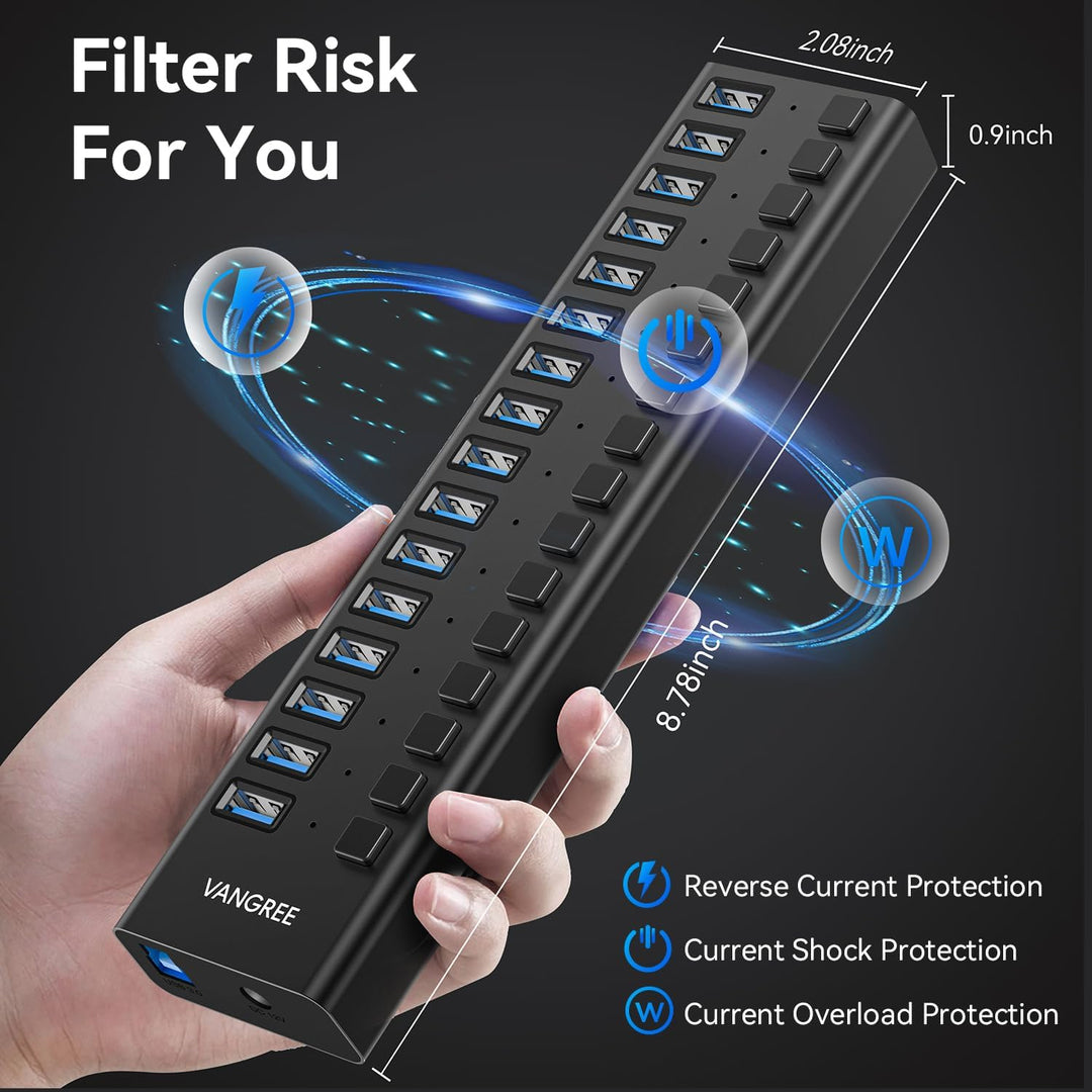 Powered USB Hub 10Gbps, 16 Ports 96W USB 3.2 Hub, Individual On/Off Switches, 12V/8A Power Adapter,