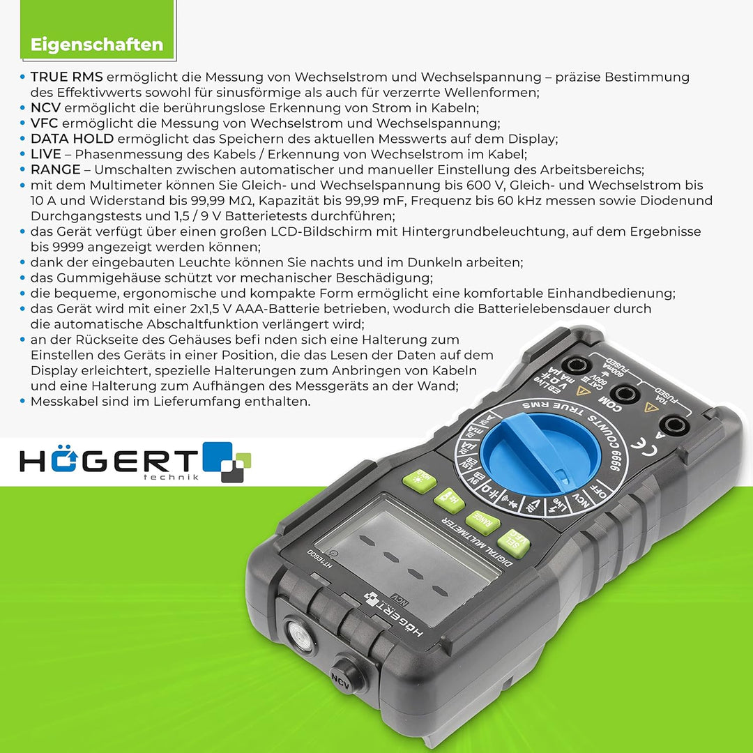 Högert Technik - Multifunktionales Digitales Messgerät I Multimeter bis 600V / 10A I RMS, NCV, VFC I