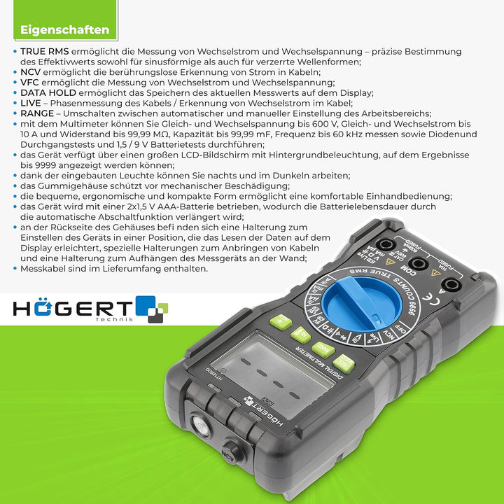 Högert Technik - Multifunktionales Digitales Messgerät I Multimeter bis 600V / 10A I RMS, NCV, VFC I
