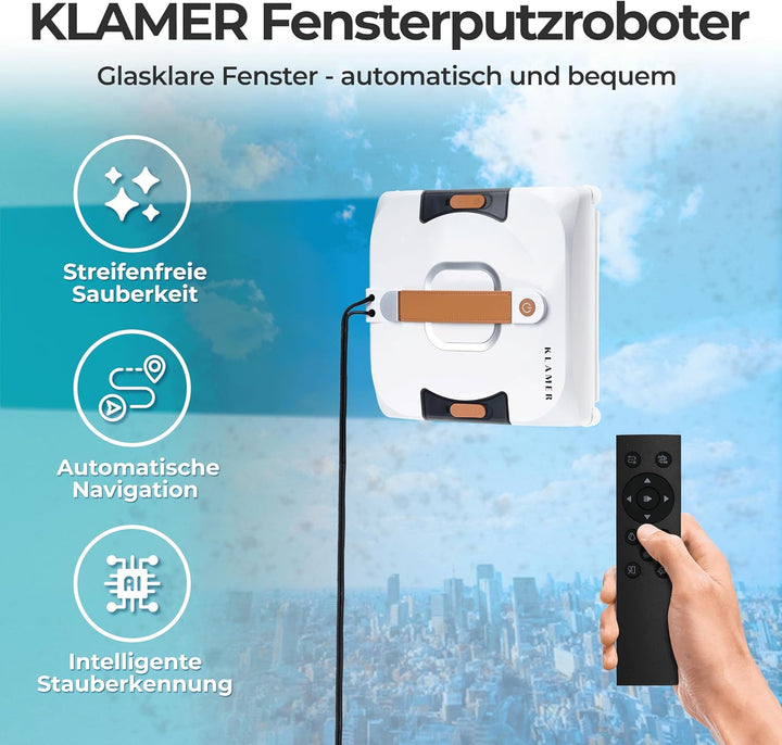 KLAMER Fensterputzroboter 3500 Pa – automatischer Fensterreiniger mit 100 ml Doppelwassertank, Nassr