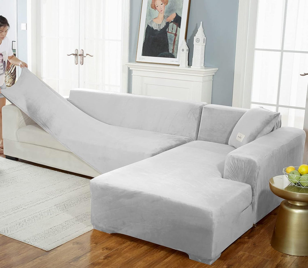 Stretch Samt Sofabezug L Form-hellgrau-2 Sitzer+2 Sitzer 2 Sitzer+2 Sitzer Hellgrau, 2 Sitzer+2 Sitz