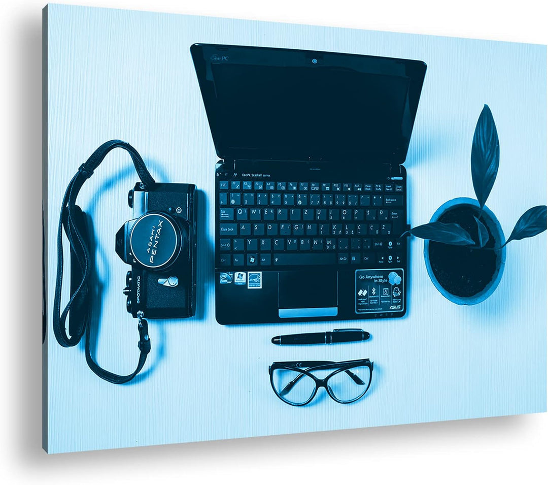 deyoli ausgestatteter Arbeitsplatz im Büro Format 80x60 Effekt: Monocrome Blau als Leinwandbild, Mot