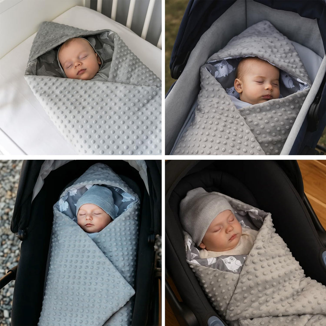 Baby Einschlagdecke Doppelseitig 86x86 cm Minky-Plüsch für Kinderwagen und Babybett (Grau Minky-Eule