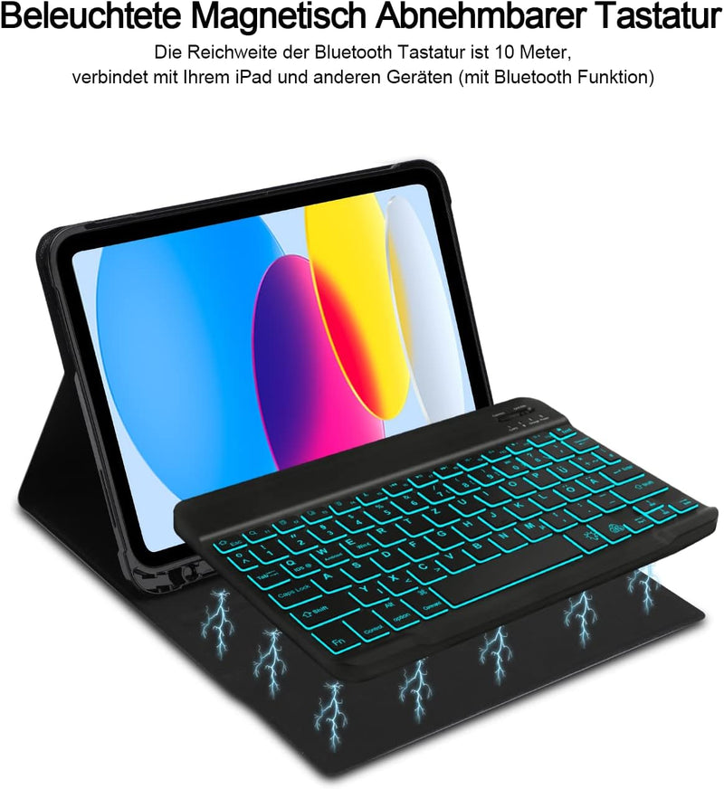 IVEOPPE iPad 10. Generation Beleuchtete Tastatur Hülle, Schutzcase mit Pencil Halter,Magnetisch Abne