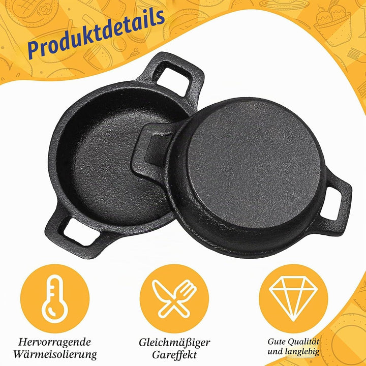 4 teilig Mini Gusseisen Grillpfännchent, Kleine Gusseisenpfanne mit Griff Ø 10cm Rund Servierpfanne,