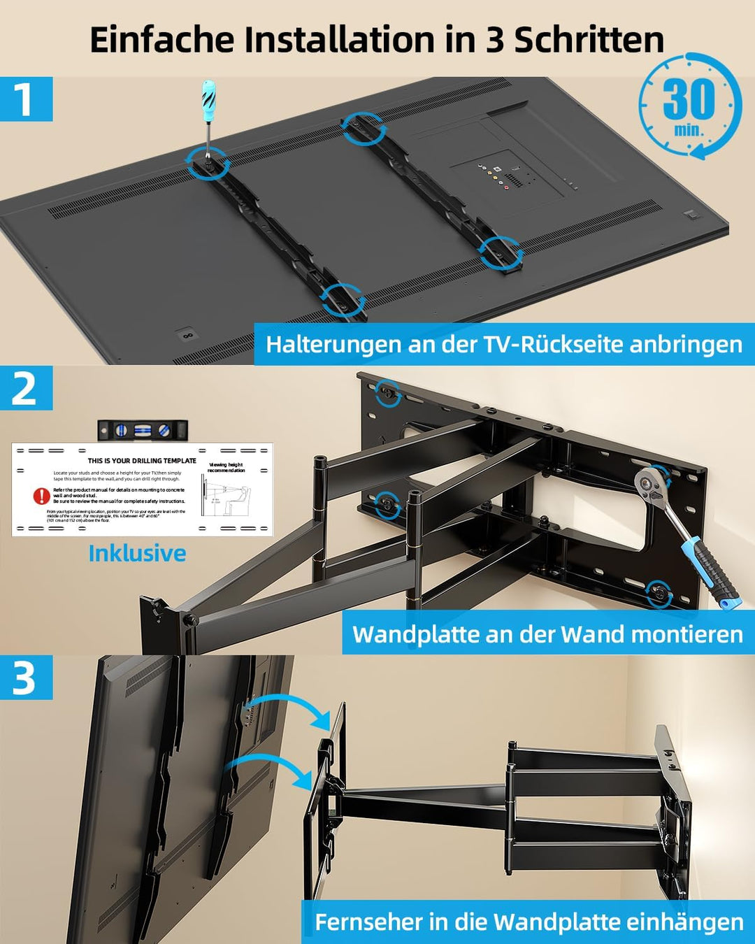 HOME VISION TV Wandhalterung Vollbeweglich 65-120", VESA 900x600, 100 kg 65-120 Zoll, 65-120 Zoll