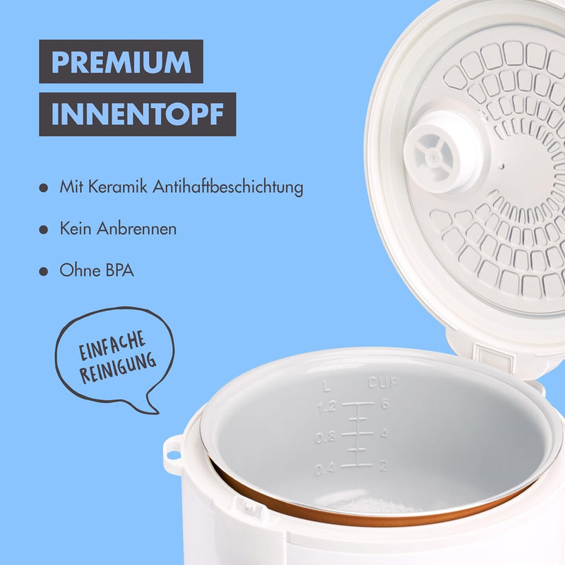 REISHUNGER Reiskocher & Dampfgarer mit Keramikbeschichtung - Für 1-6 Personen - Schnelle Zubereitung