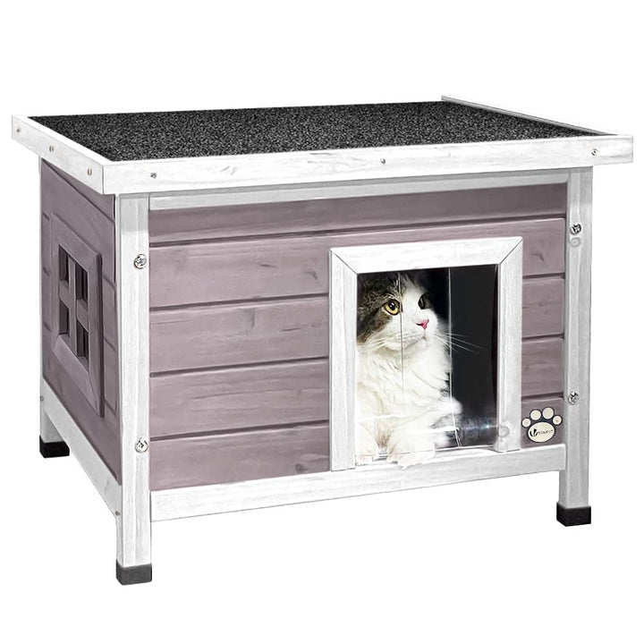 VOUNOT® Katzenhaus aus Holz, Katzen Haus mit Asphaltdach, Katzenhütte für Draussen Outdoor 57 x 45 x