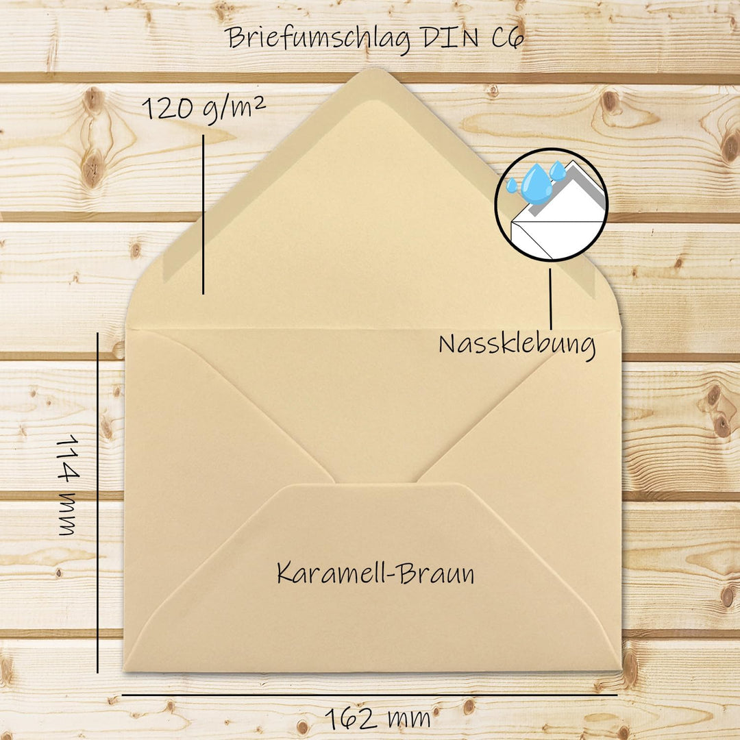 150 Brief-Umschläge - Karamell-Braun - DIN C6-114 x 162 mm - Kuverts mit Nassklebung ohne Fenster fü