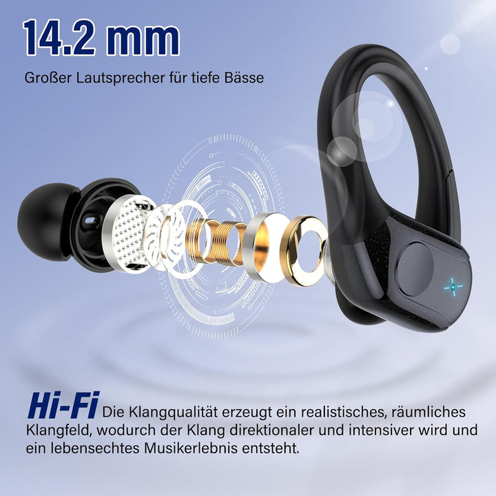 Bluetooth Kopfhörer Sport, 75H, In Ear Kopfhörer Kabellos Bluetooth 5.4, HiFi Stereo, Ohrhörer mit 4