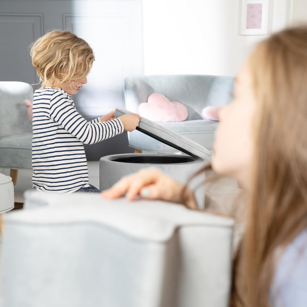 roba Kinderhocker Lil Sofa mit Stauraum - Ovaler Hocker in grauem Samtstoff - Polstermöbel Pouf für