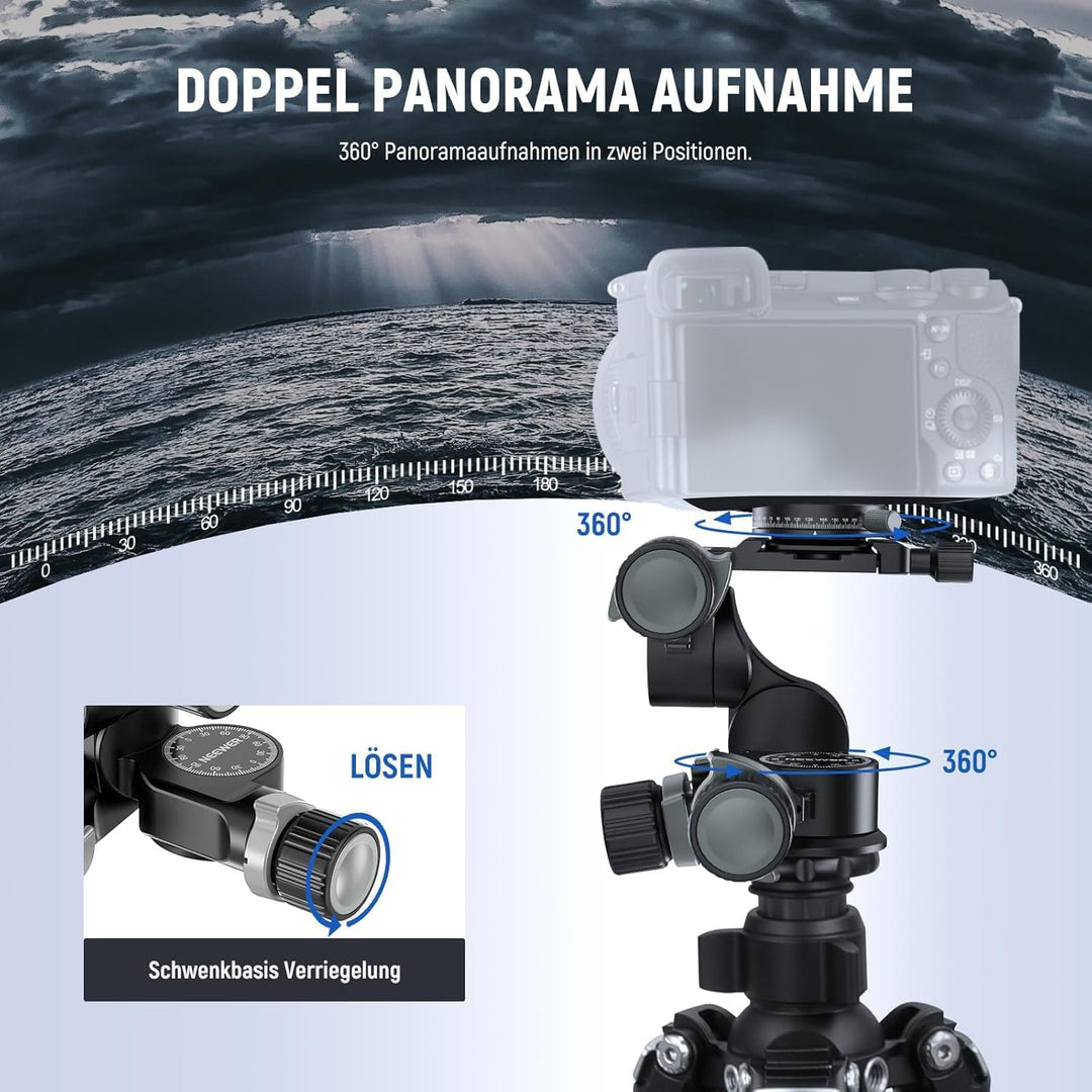 NEEWER TH15 3-Wege-Getriebe-Stativkopf mit 360°-Panorama-Arca-QR-Platte, Millimeter-Mikroeinstellung