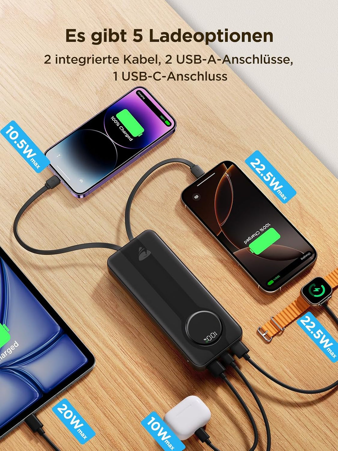 Aioneus 20000mAh Power Bank with Built-in USB-C &amp; Lightning Cables, Portable Charger Fast Charging B