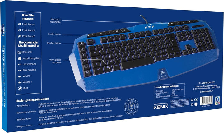 Konix FFF Membran-Gaming-Tastatur AZERTY - Anti-Ghosting mit 26 Tasten - Blaue Hintergrundbeleuchtun