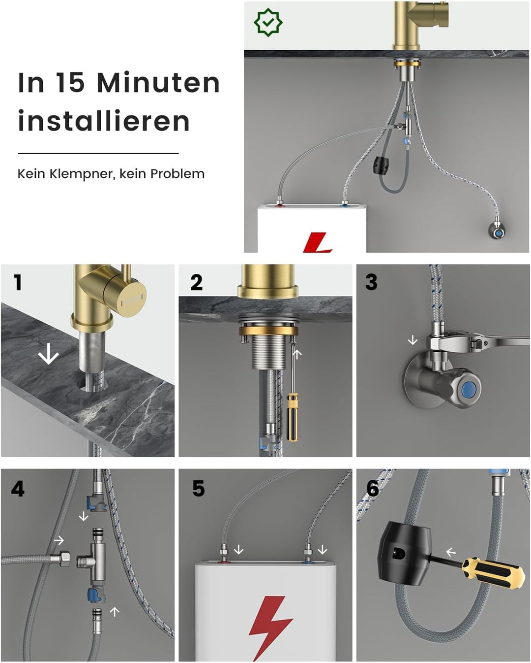 DAYONE Gold Niederdruck Armatur Küche Küchenarmatur, SUS304 Edelstahl Wasserhahn Küche, 3 Strahlarte