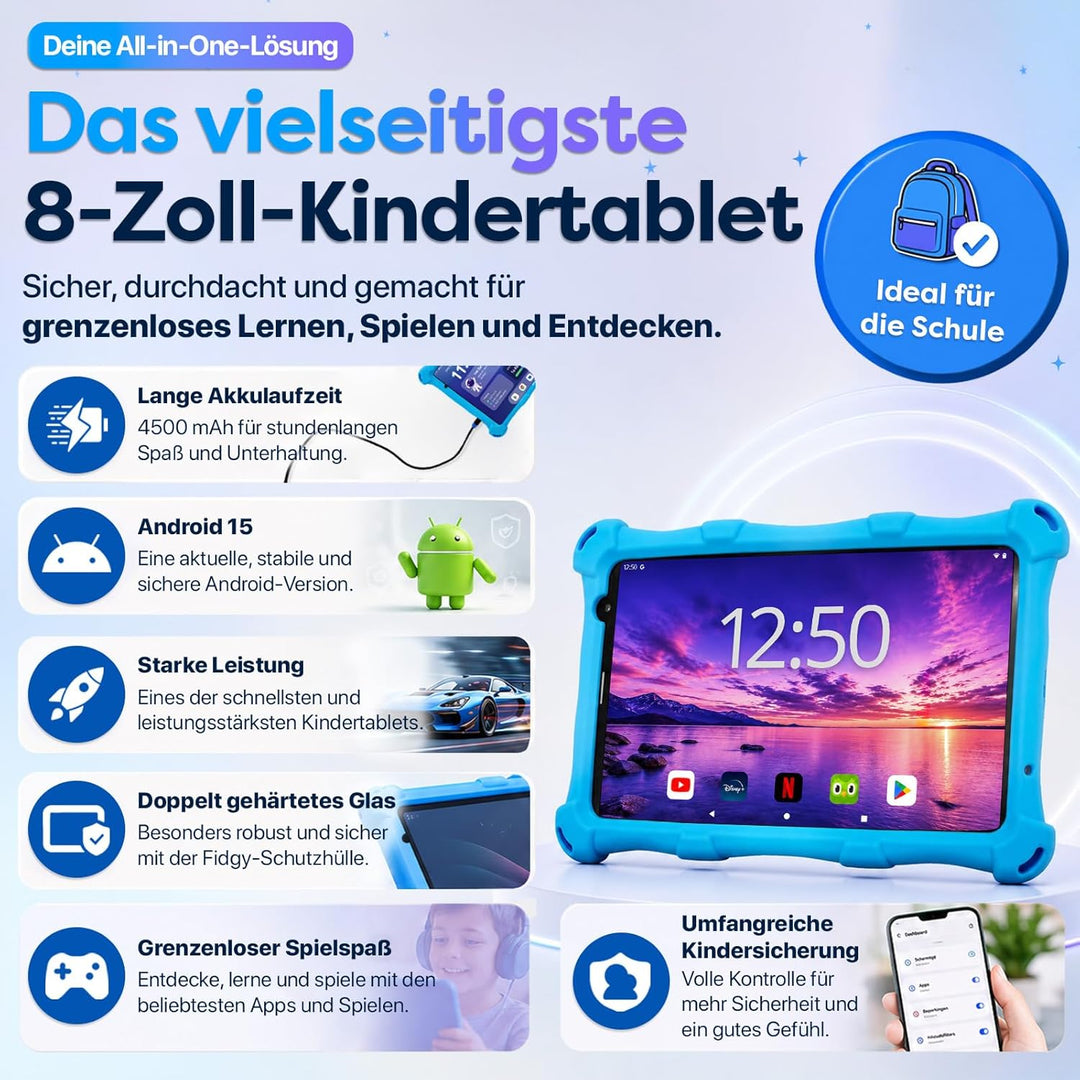 AngelTech Kinderpaket PRO MAX - Kinder Tablet PRO MAX + Kinder Kopfhörer - Android 14 - Kombi Paket