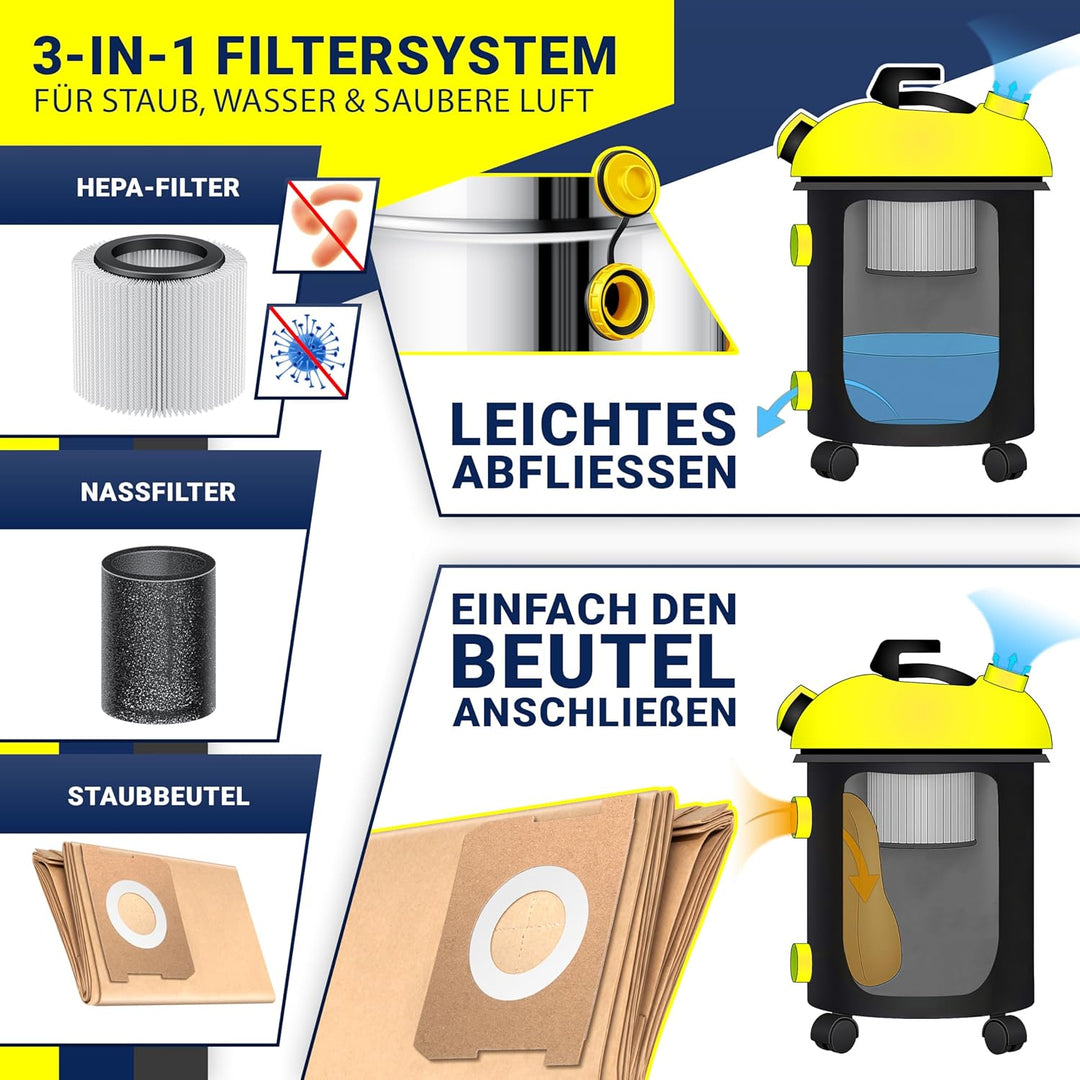 MASKO® Industriestaubsauger Staubsauger Nass Trocken Sauger Edelstahl 2300W + Steckdose | Blasfunkti