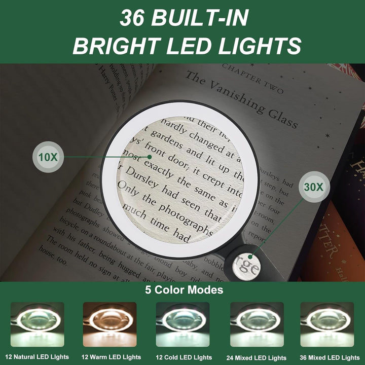 Grosse Lupe mit Licht+Aufbewahrungsetui USB Aufladbar, 10X 30X Leselupe mit Licht für Senioren Gross