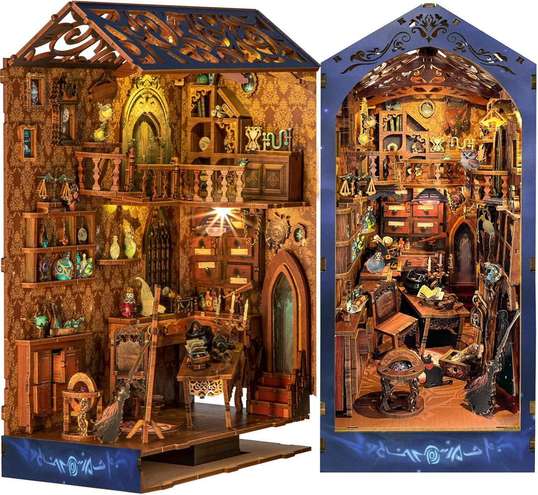 Quanquer DIY Book Nook Kit_mit Staubschutz und LED-Licht 3D hölzerne Nook Book Book Nook Bibliothek_
