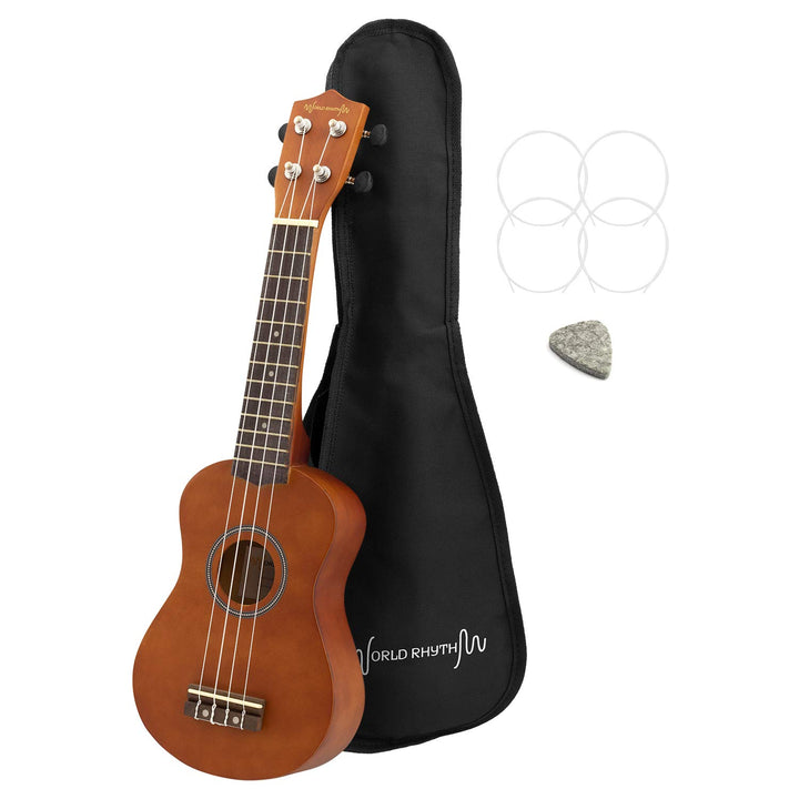 World Rhythm Sopran-Ukulele für Anfänger, natürliches Finish, mit Gigbag, Ersatz-Ukulele-Saiten und