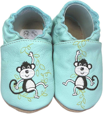 Baby Krabbelschuhe Jungen, Kinderhausschuhe Jungen, Lederschuhe, 18/19 EU Affen