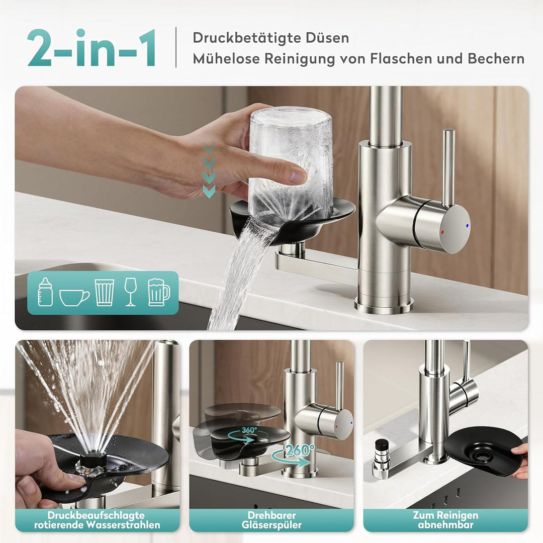 MIAOHUI Wasserhahn Küche mit Glasspüler, 4 Funktionen Armatur Küche Ausziehbar, Einhebel küchenwasse