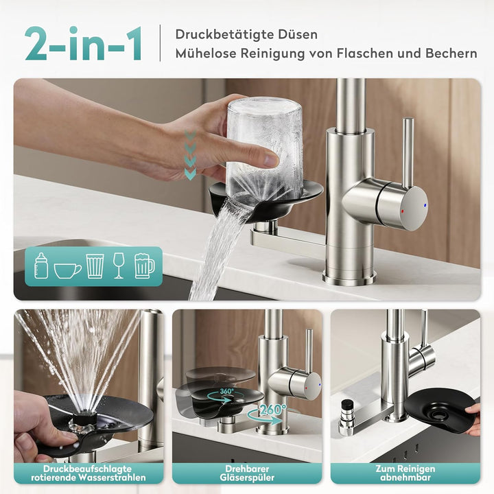 MIAOHUI Wasserhahn Küche mit Glasspüler, 4 Funktionen Armatur Küche Ausziehbar, Einhebel küchenwasse