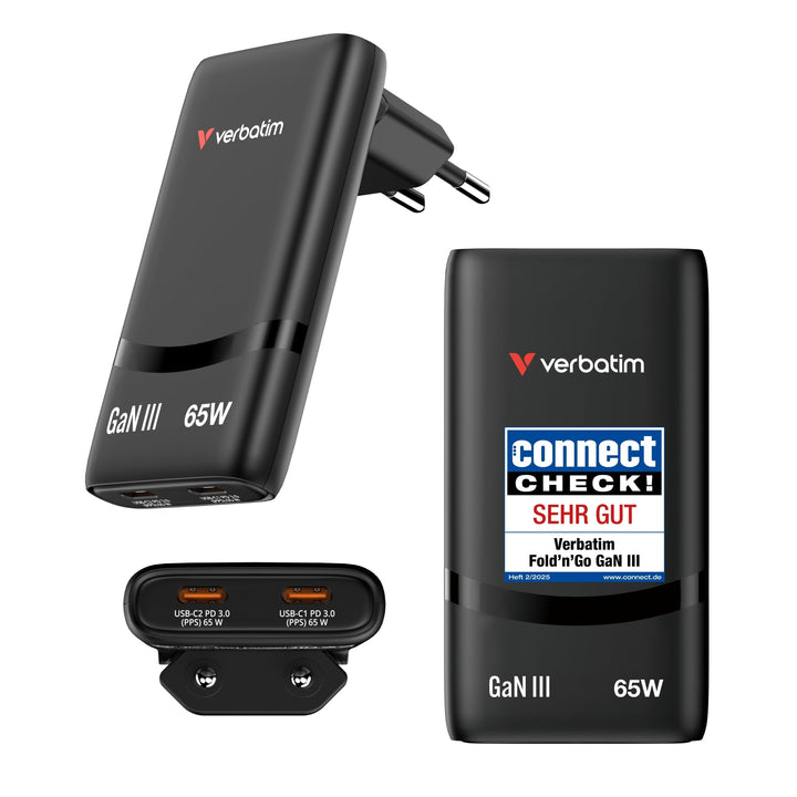 Verbatim Fold 'n' Go GaN Charger 65W, 2 Ports USB-C Ladegerät, faltbar, PD3.0, Kompakt, Schnellladeg