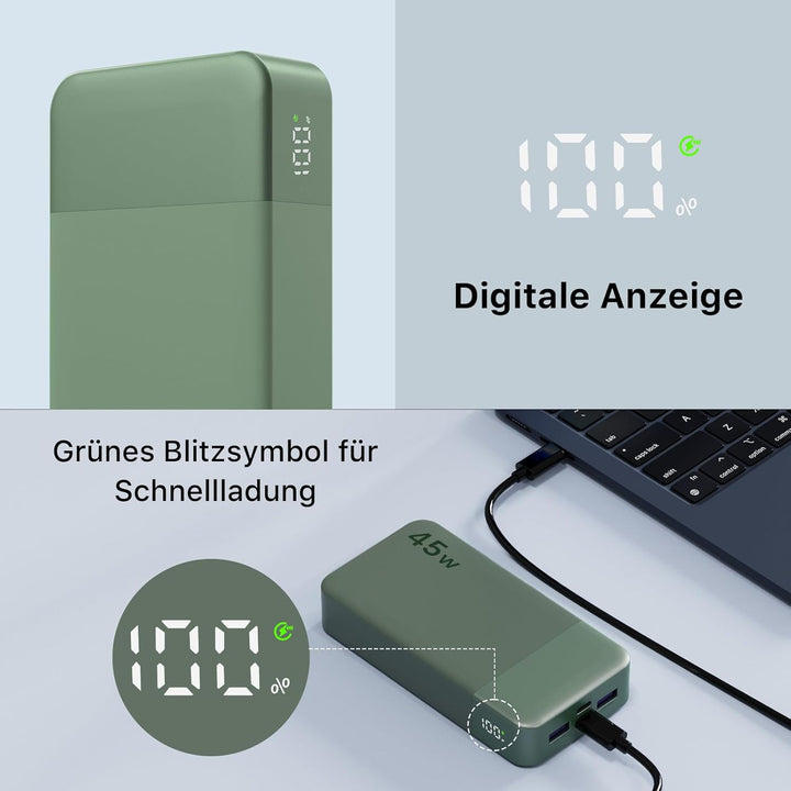 NOBIS Power Bank, Powerbank 20000mAh, 45W Externe Handyakkus Schnellladen, Externer Akku mit C zu C